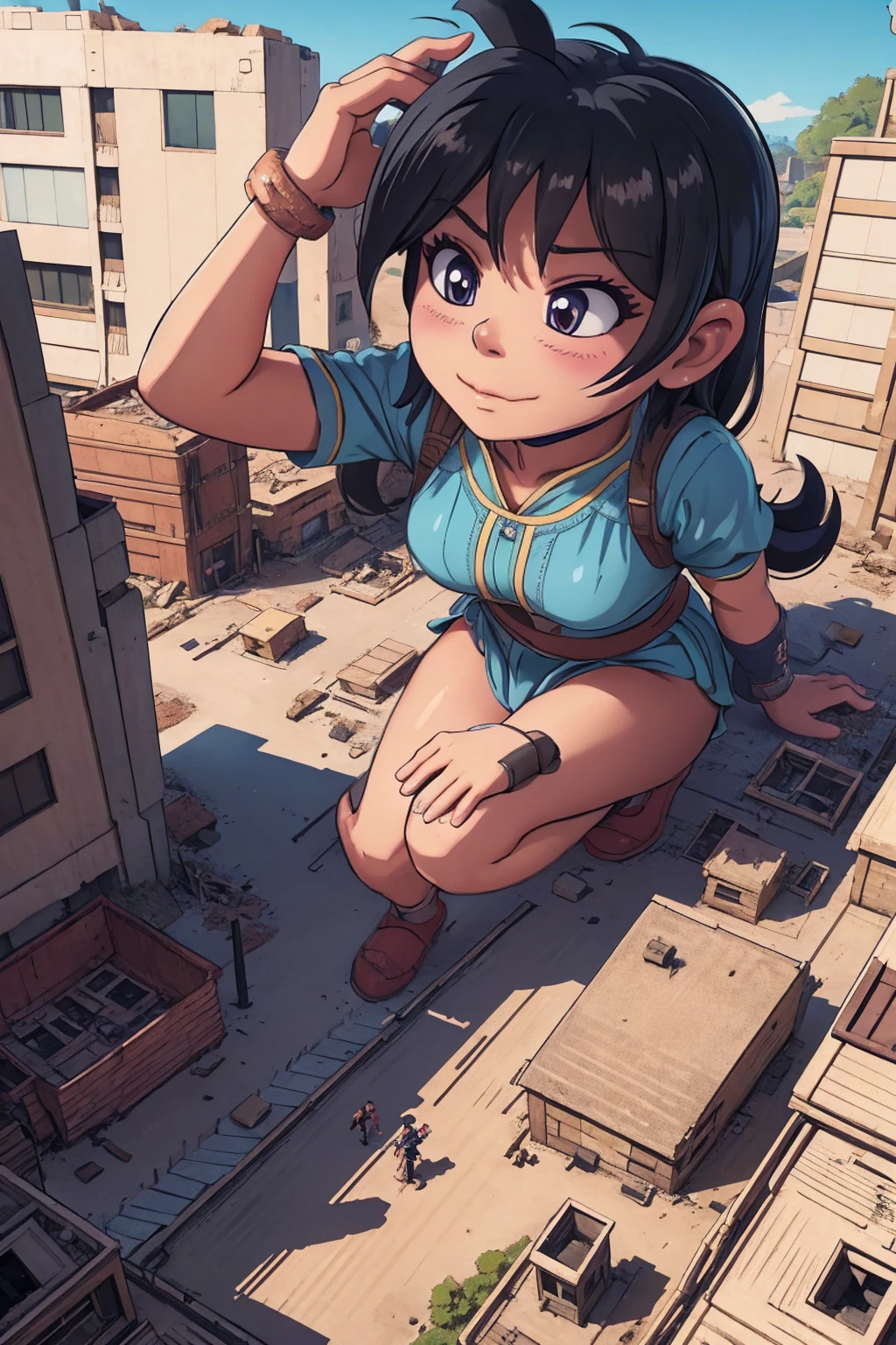 giantess、Giant Woman、smile、迫力のあるLow - Angle、walk、Adult women、anime、エロanime、変態anime、nude、Sunset、blush、Black Hair、steam、Urban area、Tokyo、Woman looking down on a dwarf、Low - Angle、View from the main street、Woman destroying a small metropolis、rubble、Collapsed small buildings、A small abandoned village、Small residents fleeing、A woman who enjoys destruction