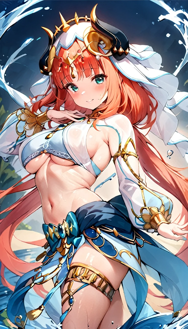 (((best quality)), ((masterpiece)), (details), masterpiece, best quality, high quality, ulutra detailed, perfect face,Shiny Hair、Glowing Skin、blush、nilou、whole body、Dancer、lake、Splash、dance、smile、Sideboob、Underboob、whole body、nilou,1girl,独奏,horns,Veil,navel,