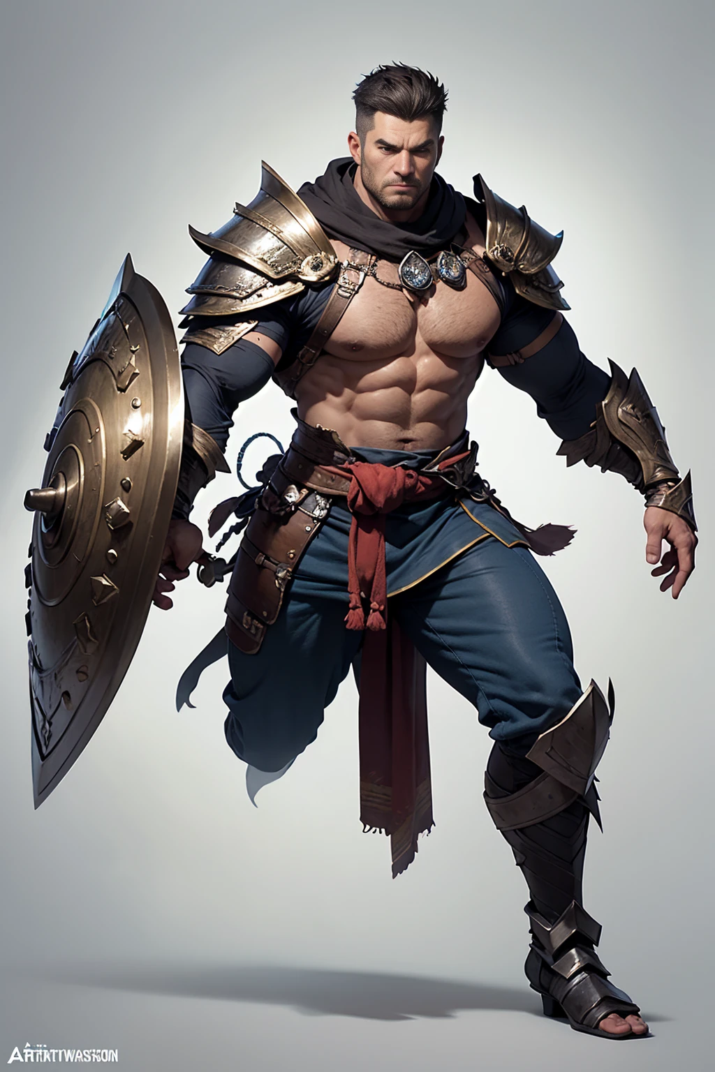 a close up of a man with a sword and shield, concept art by senior character artist, Artstation, fantasy art, highly detailed character design, male warrior, male character design, detailed full body concept art, warrior character design, human male character art, artstation mans aesthetic, as seen on artstation, detailed character design, concept art of a warrior