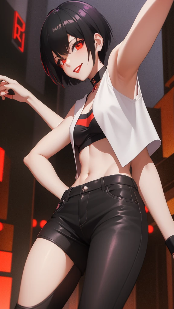 1 girl, red eyes, very Short hair, black choker, lipstick , smile, black hair, tomboy Pixie haircut, shorts, long socks, white bandeau, belly, medium breast, pants, cowboy shot, Tokyo street background, yu-gi-oh anime style