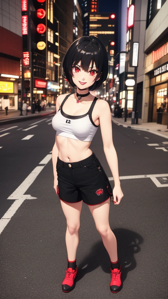 1 girl, red eyes, very Short hair, black choker, lipstick , smile, black hair, tomboy Pixie haircut, shorts, long socks, white bandeau, belly, medium breast, pants, cowboy shot, Tokyo street background, yu-gi-oh anime style