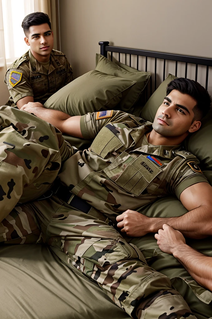 Sad crying tall giant muscular man.,Khaki camouflage military uniform,Sleeping on a soft dark green mattress,Strong and fierce tough guy straight man,Buzz Cut,身穿Khaki camouflage military uniform,Sleeping on a soft dark green mattress, Sad expression,Deep and charming eyes,The hero with emerald pupils,heroic male pose,高大burly,muscular!Charming leg muscles,High, burly, Heqiang, 身穿Khaki camouflage military uniform, Super gain and cool, high resolution committee, Big feet in black boots,Charming strong man,The bright sunshine shines on you , top view, look up , lying on bed , sexy , nsfw , eroticism