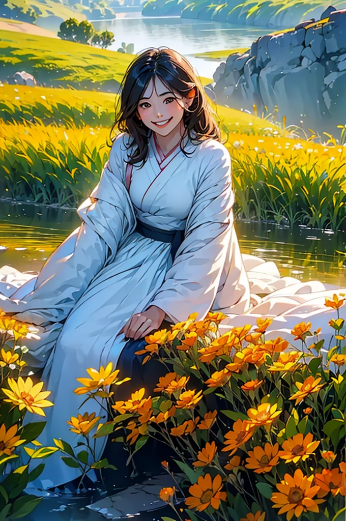 (in 8K、top-quality、​masterpiece:1.2)、One woman、(Smiling smile:1.1)、beautidful eyes、Valley、The upper part of the body、length hair、Like a boy、Longhaire、Green View、