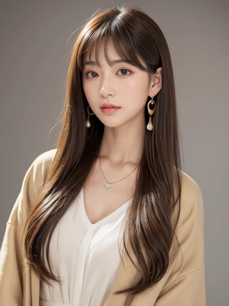 ((Highest quality, 8k, masterpiece:1.3)), concentrate: 1.2, Perfect body beauty: 1.4, Hips: 1.2, ((Long Hair, chest: 1.2)), (Dry clothes: 1.1) , (clear, Simple Background:1.3), Simple clothes: 1.1, Highly detailed face and skin texture,Delicate eyes, double eyelid, Whitened skin, Rough skin、Long Hair、Earrings with bangs、necklace、 solo、Beige coat、White shirt, (((Beautiful girl with cute Japan)))、 ((Beautiful Japanese girl 20 years old))、 ((Baby Face))、 (((Slender body)))、 Upper Body,Face focus、necklace,Simple Background,From above, Realistic Hair、 A photograph was taken:Canon EOS R6、135mm、1/1250 seconds、f2.8、ISO400、(Detailed explanation of the hand)、(Masseter muscle area)、(Exquisite CG)、Long Hair, loose and curly hair、Korean Hair、Long Hair明るいベージュ色、グラデーションハイライトグレージュのゆるふわLong Hairスタイル、