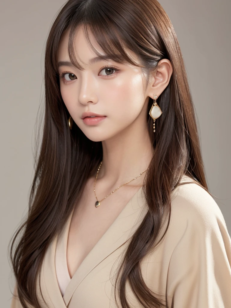 ((Highest quality, 8k, masterpiece:1.3)), concentrate: 1.2, Perfect body beauty: 1.4, Hips: 1.2, ((Long Hair, chest: 1.2)), (Dry clothes: 1.1) , (clear, Simple Background:1.3), Simple clothes: 1.1, Highly detailed face and skin texture,Delicate eyes, double eyelid, Whitened skin, Rough skin、Long Hair、Earrings with bangs、necklace、 solo、Beige coat、White shirt, (((Beautiful girl with cute Japan)))、 ((Beautiful Japanese girl 20 years old))、 ((Baby Face))、 (((Slender body)))、 Upper Body,Face focus、necklace,Simple Background,From above, Realistic Hair、 A photograph was taken:Canon EOS R6、135mm、1/1250 seconds、f2.8、ISO400、(Detailed explanation of the hand)、(Masseter muscle area)、(Exquisite CG)、Long Hair, loose and curly hair、Korean Hair、Long Hair明るいベージュ色、グラデーションハイライトグレージュのゆるふわLong Hairスタイル、