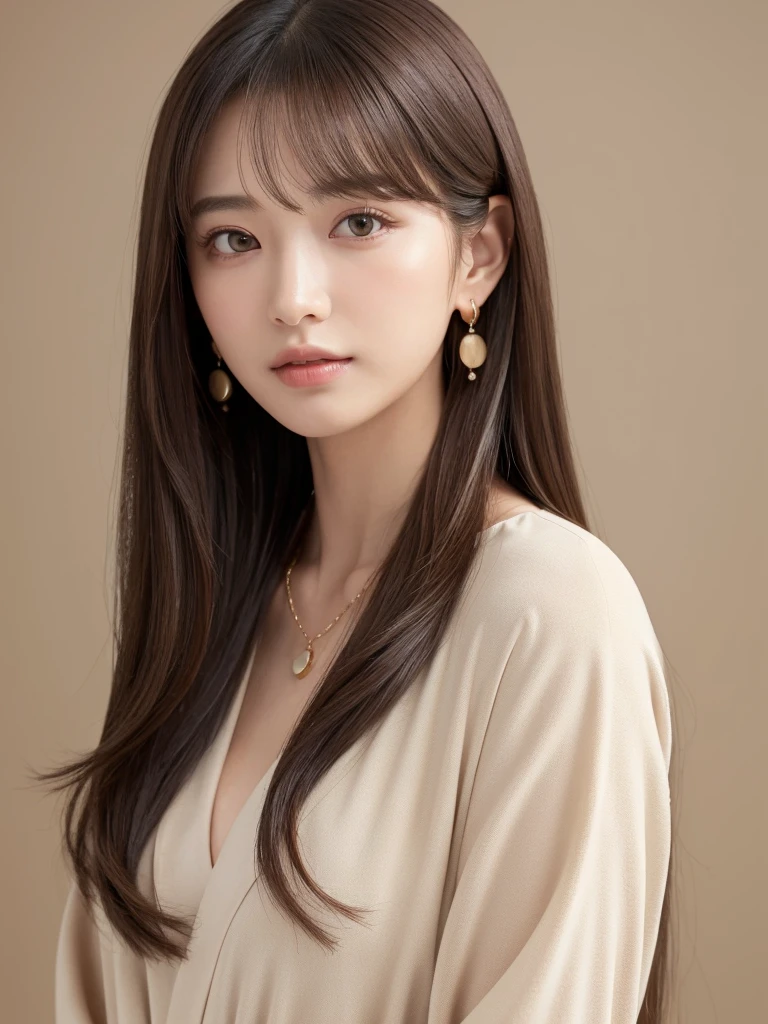  ((Highest quality, 8k, masterpiece:1.3)), concentrate: 1.2, Perfect body beauty: 1.4, Hips: 1.2, ((Long Hair, chest: 1.2)), (Dry clothes: 1.1) , (clear, Simple Background:1.3), Simple clothes: 1.1, Highly detailed face and skin texture,Delicate eyes, double eyelid, Whitened skin, Rough skin、Long Hair、Earrings with bangs、necklace、 solo、Beige coat、White shirt,  (((Beautiful girl with cute Japan)))、  ((Beautiful Japanese girl 20 years old))、 (())、 (((Slender body)))、  Upper Body，Face focus、necklace，Simple Background，From above， Realistic Hair、 A photograph was taken:Canon EOS R6、135mm、1/1250 seconds、f2.8、ISO400、(Detailed explanation of the hand)、(Masseter muscle area)、(Exquisite CG)、Long Hair, loose and curly hair、Korean Hair、Long Hair明るいベージュ色、グラデーションハイライトグレージュのゆるふわLong Hairスタイル、