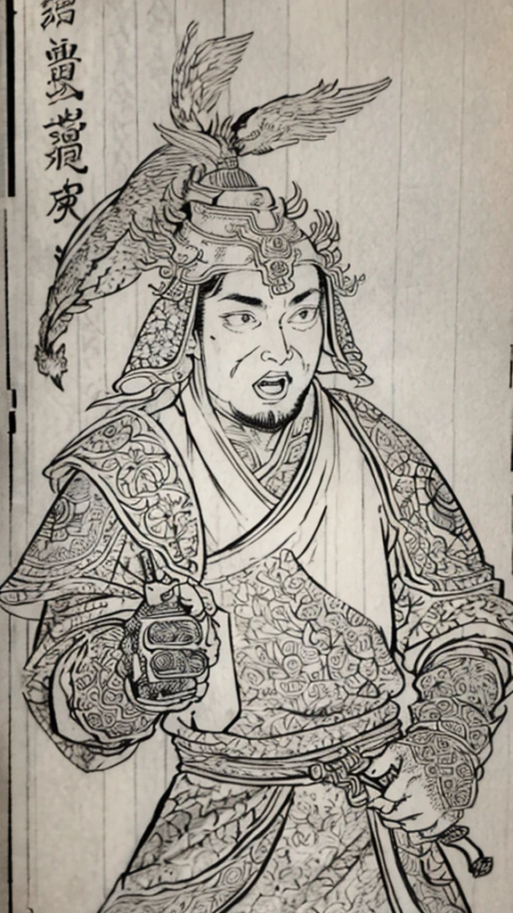(((Monochrome)))、(((Man with open mouth)))、（（Men in ancient China））、（Ink Painting）、Highest quality、masterpiece、Ultra-high resolution、(Realistic:1.4)、Game Poster、Three bearded men of the kingdom,Oriental、As seen in the Romance of the Three Kingdoms々military commander、Crisp and beautiful image quality ,(((metal armor, metal dragon head on the shoulder, Holding a sword, (Skin of color, ), (metal armor with intricate pattern:1.2)))、 gloves, Long trousers, (Very detailed, bloom:1.5), (Highest quality, Concept Art, 4K), (analog:1.2), (high sharpness), (Detailed pupil:1.1),, Detailed face and eyes, masterpiece, Highest quality, (Very detailed:1.1), 8k, photoRealistic, (PurerosFace_v1:0.2), [:(Detailed face:1.2):0.2], sharp, Realistic, Realistic Shadow, 