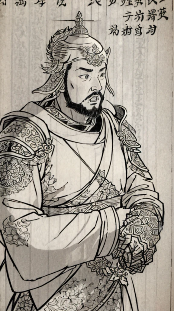 (((Monochrome)))、(((Man with open mouth)))、（（Men in ancient China））、（Ink Painting）、Highest quality、masterpiece、Ultra-high resolution、(Realistic:1.4)、Game Poster、Three bearded men of the kingdom,Oriental、As seen in the Romance of the Three Kingdoms々military commander、Crisp and beautiful image quality ,(((metal armor, metal dragon head on the shoulder, Holding a sword, (Skin of color, ), (metal armor with intricate pattern:1.2)))、 gloves, Long trousers, (Very detailed, bloom:1.5), (Highest quality, Concept Art, 4K), (analog:1.2), (high sharpness), (Detailed pupil:1.1),, Detailed face and eyes, masterpiece, Highest quality, (Very detailed:1.1), 8k, photoRealistic, (PurerosFace_v1:0.2), [:(Detailed face:1.2):0.2], sharp, Realistic, Realistic Shadow, 