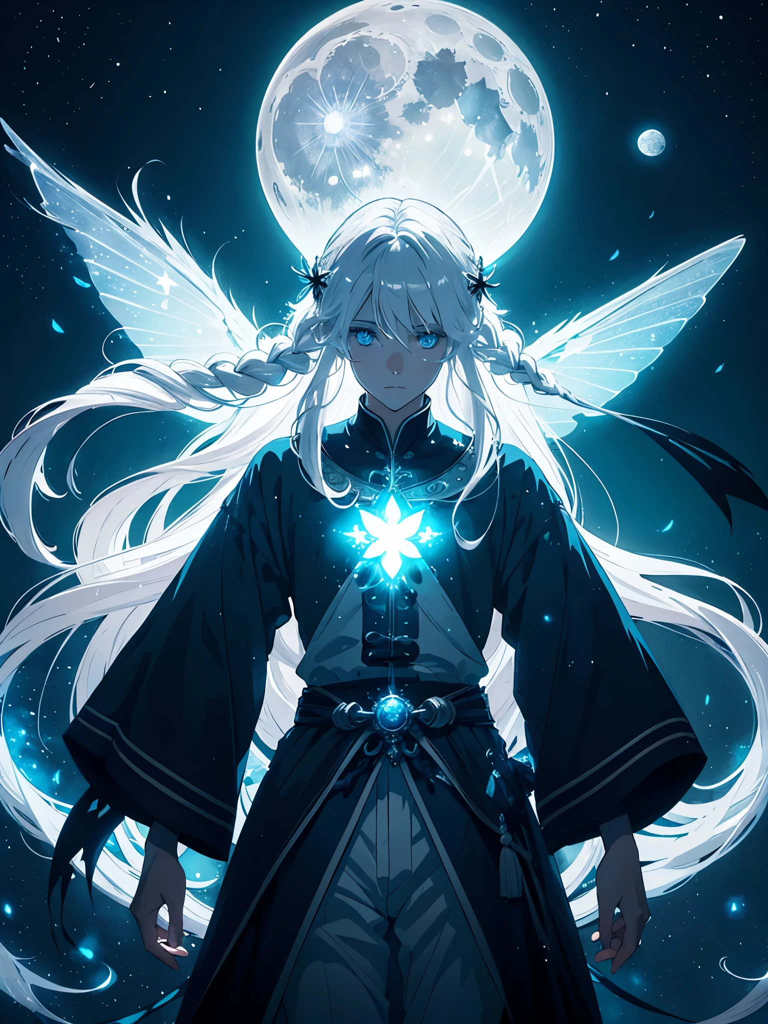 Mehr Anime. 2D. Glow. Leuchtend. With blue moth. White crows. Ghosts. lights. magical. Power animals. Spirit. King of the moon. Long hair. long white hair. aquatic, boy, silver hair accessories, White hair, blue flowers. Blue lights. full moon. holy.