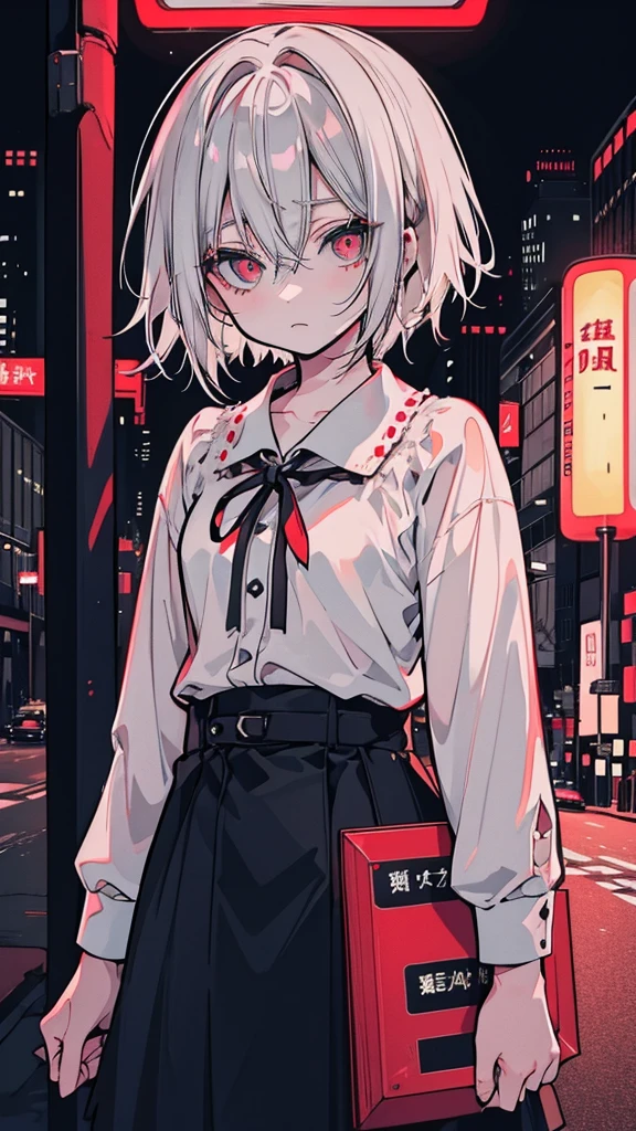 a picture of a women 30 years old short white hair standing in front of a red light, Candid Photography, Gray-haired deity, Gap Moe Yandere grimdark, dynamic poses, Gray-haired girl, Crushing Despair, Flowing white hair, short Hair Anime Girl, perfect Gray-haired girl