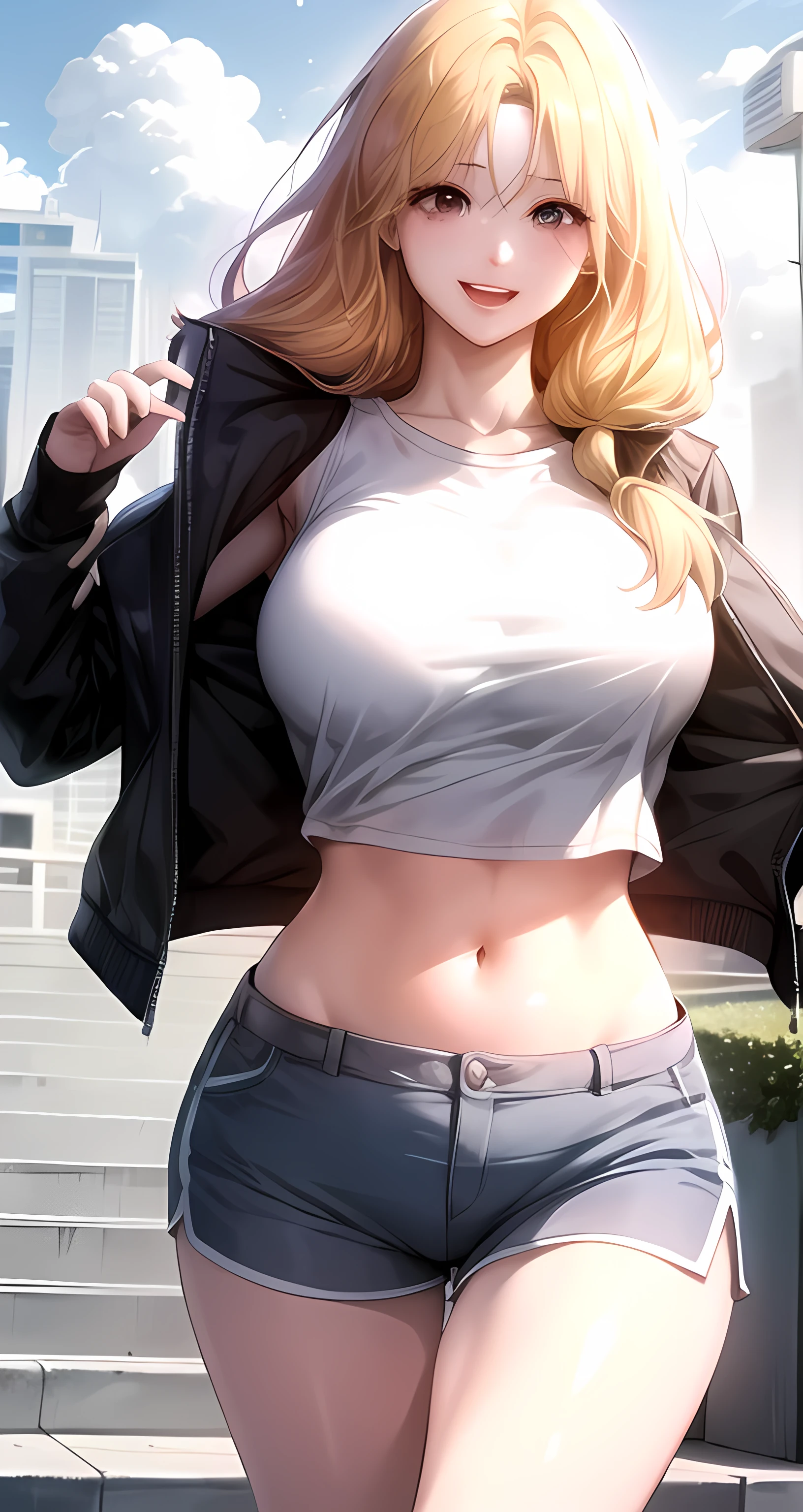 score_9, score_8_up, score_7_up, score_6_up, score_5_up, score_4_up, mature woman, bada, 1girl, solo, blonde hair, long hair,  large breast, looking at viewer, smile, shirt, white shirt, croptop, jacket, dolphin shorts, running, joging, park, day, outdoors 