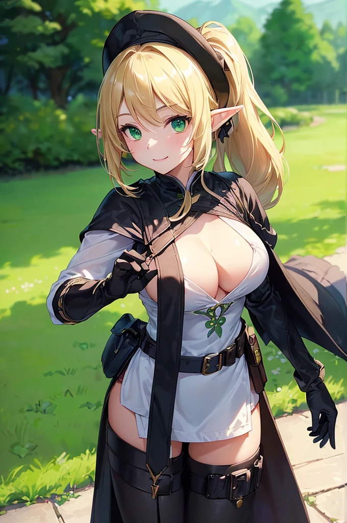 (((masterpiece; best quality: 1.2))), (finely detailed eyes: 1.3), (25 year old elf woman), (solo), (green eyes: 1.4), (body; buxom, fit, femenine: 1.3), (silky blonde hair in low ponytail: 1.3), (beautiful and clear background: 1.2), ((depth of field)), (equipment: adventurer attire + modest + wide-brimmed hat + black tunic + black cape + black long skirt + gloves + belt + pouches: 1.3), (anime illustration: 1.2), (background composition; royal garden: 1.1), (extremely fine and beautiful: 1.1), (shot composition; standing + centered on torso + close-up: 1.5), (expression; calm, smile: 1.2)