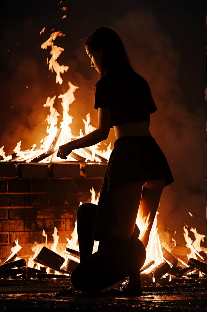 Girl kneeling in the middle of a fire digital art