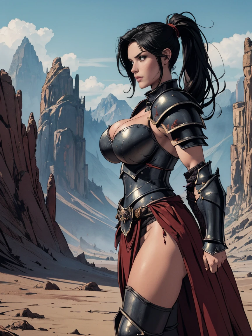 (masterpiece, top quality, best quality, official art, beautiful and aesthetic:1.2), (1girl:1.3), ((Sharp facial features, sharp features, hawkish features)), ((big hair, long black hair, ponytail)), big tiddy chaos warrior girl, extremely detailed, portrait, looking at viewer, solo, (full body:0.6), detailed background, full-body shot, (hot desert mountain theme:1.1), chaos warrior, (spiky helmet), charlatan, smirk, mysterious, swaying in mountains, armor, red metal, brass trim, long boots, dual axes, blood red fabric, pelvic curtain, loincloth, black leather, ((((armor, heavy armor, blood, armored, gigantic breasts, long legs, pelvic curtain, toned, muscular)))), cute belly button, toned tummy, slim waist, slim hips, long legs, medieval (mountain exterior:1.1) background, dark mysterious lighting, shadows, magical atmosphere, dutch angle