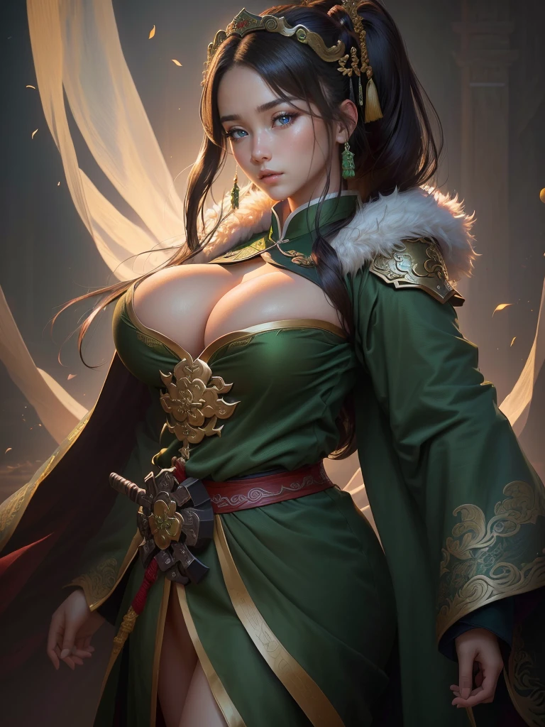 a close up of a man in a green robe, inspired by Dong Yuan, zhao yun, inspired by Cao Zhibai, inspired by Guan Daosheng, inspired by Hu Zaobin, inspired by Huang Shen, inspired by Zhang Sengyao, inspired by Huang Ding, inspired by Wu Bin, inspired by Li Kan, guan yu, Highly detailed CG unit 8k wallpaper, masterpiece, High resolution, highest quality, highest quality real texture skin, Super Real, Digital Painting, Best image quality, 最High resolution, 8k, ((Highly detailed eyes and face, Beautiful eyes every detail)), profile, disproportionate breasts, huge breasts, sagging breasts, gigantic breasts, erect nipple