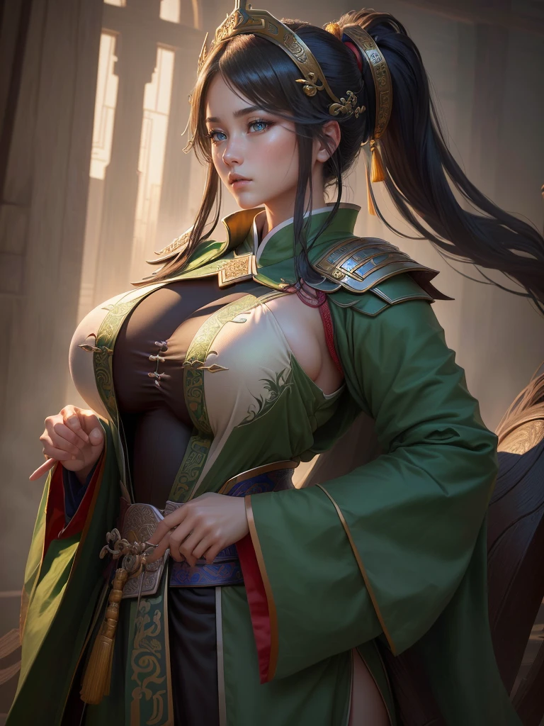 a close up of a man in a green robe, inspired by Dong Yuan, zhao yun, inspired by Cao Zhibai, inspired by Guan Daosheng, inspired by Hu Zaobin, inspired by Huang Shen, inspired by Zhang Sengyao, inspired by Huang Ding, inspired by Wu Bin, inspired by Li Kan, guan yu, Highly detailed CG unit 8k wallpaper, masterpiece, High resolution, highest quality, highest quality real texture skin, Super Real, Digital Painting, Best image quality, 最High resolution, 8k, ((Highly detailed eyes and face, Beautiful eyes every detail)), profile, disproportionate breasts, huge breasts, sagging breasts, gigantic breasts, erect nipple 