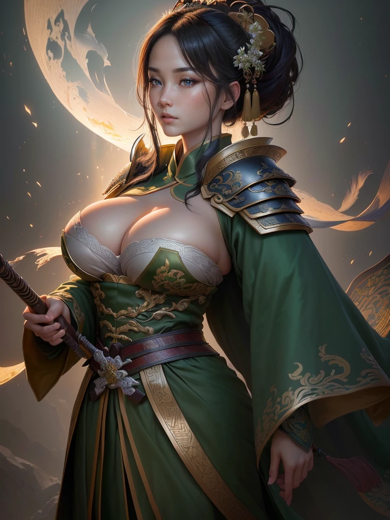 a close up of a man in a green robe, inspired by Dong Yuan, zhao yun, inspired by Cao Zhibai, inspired by Guan Daosheng, inspired by Hu Zaobin, inspired by Huang Shen, inspired by Zhang Sengyao, inspired by Huang Ding, inspired by Wu Bin, inspired by Li Kan, guan yu, Highly detailed CG unit 8k wallpaper, masterpiece, High resolution, highest quality, highest quality real texture skin, Super Real, Digital Painting, Best image quality, 最High resolution, 8k, ((Highly detailed eyes and face, Beautiful eyes every detail)), profile, disproportionate breasts, huge breasts, sagging breasts, gigantic breasts, erect nipple 
