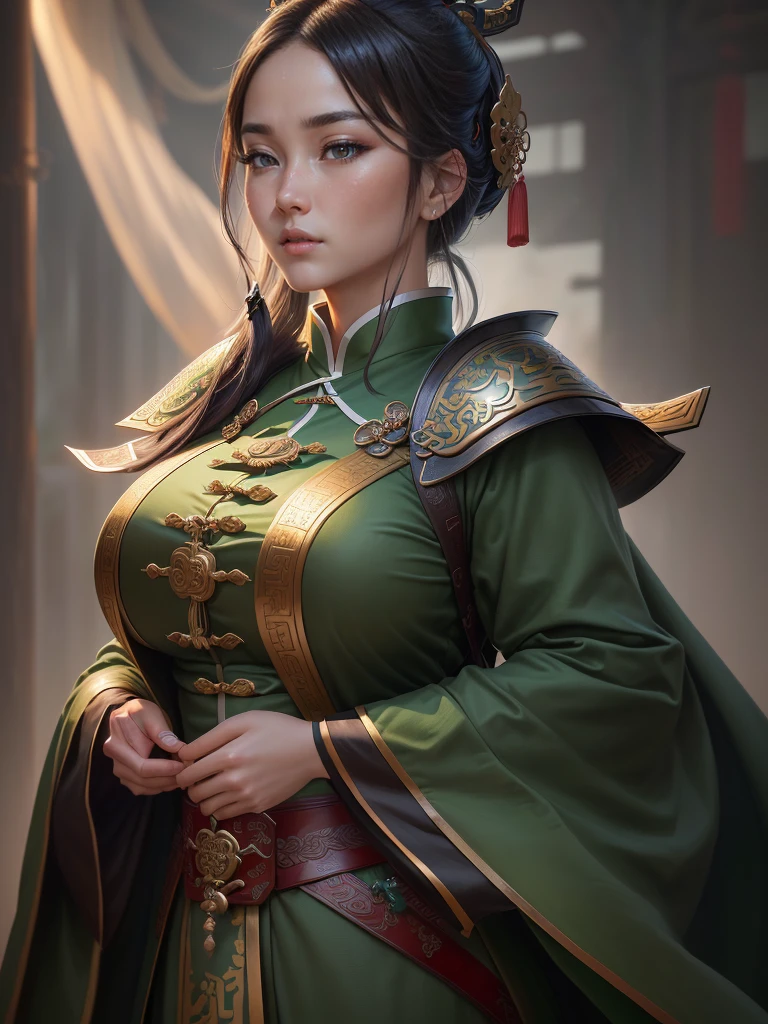 a close up of a man in a green robe, inspired by Dong Yuan, zhao yun, inspired by Cao Zhibai, inspired by Guan Daosheng, inspired by Hu Zaobin, inspired by Huang Shen, inspired by Zhang Sengyao, inspired by Huang Ding, inspired by Wu Bin, inspired by Li Kan, guan yu, Highly detailed CG unit 8k wallpaper, masterpiece, High resolution, highest quality, highest quality real texture skin, Super Real, Digital Painting, Best image quality, 最High resolution, 8k, ((Highly detailed eyes and face, Beautiful eyes every detail)), profile, disproportionate breasts, huge breasts, sagging breasts, gigantic breasts, erect nipple 