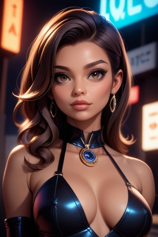 Tall hispanic woman with expressive hazel eyes and long wavy dark brown hair; warm olive skin; hourglass build; (soft face with full lips); ample bosom; best quality; trending on artstation; dark room with complex volumetric lighting; strong shadows; artistic lighting; dynamic; energetic vibe; realistic skin; specular highlights; micro-textures; highly detailed hair; on an outdoor asphalt court, surrounded by urban sprawl with lots of futuristic highrise buildings dystopia; megalopolis