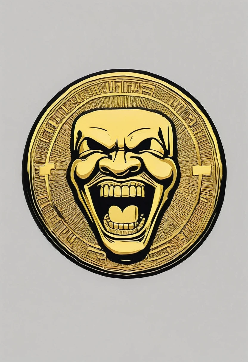 low quality、Pop Art、(One coin)、The coin has a mouth、Teeth are visible、gold、Logo、central、big、Background is white