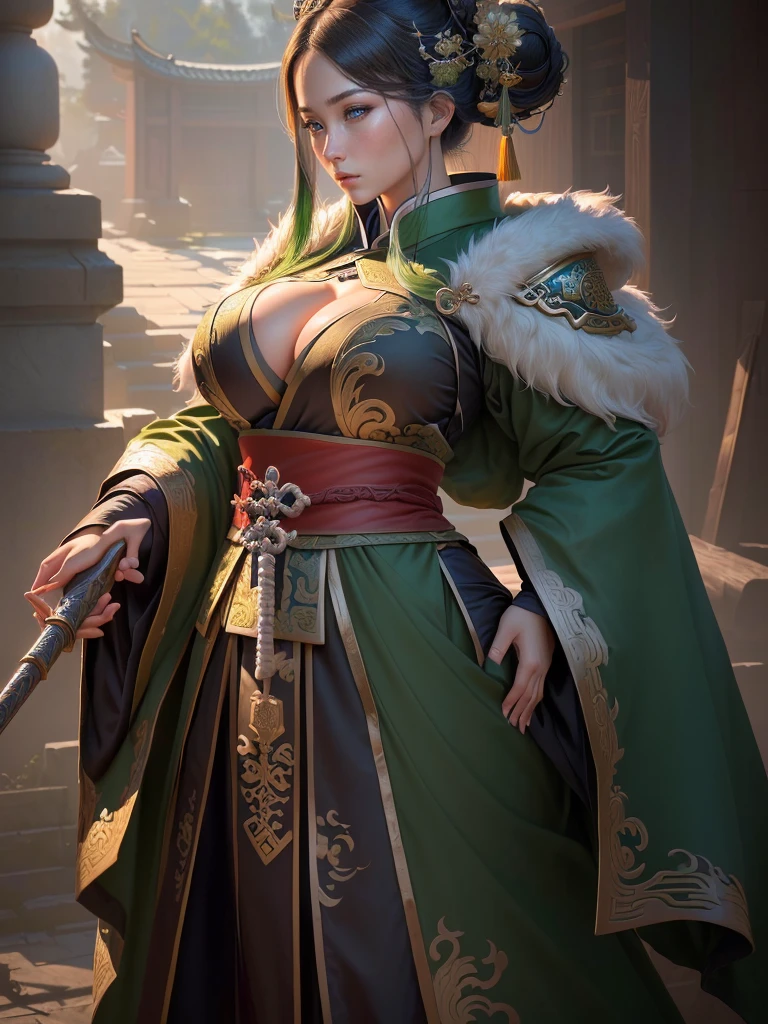 a close up of a man in a green robe, inspired by Dong Yuan, zhao yun, inspired by Cao Zhibai, inspired by Guan Daosheng, inspired by Hu Zaobin, inspired by Huang Shen, inspired by Zhang Sengyao, inspired by Huang Ding, inspired by Wu Bin, inspired by Li Kan, guan yu, Highly detailed CG unit 8k wallpaper, masterpiece, High resolution, highest quality, highest quality real texture skin, Super Real, Digital Painting, Best image quality, 最High resolution, 8k, ((Highly detailed eyes and face, Beautiful eyes every detail)), profile, disproportionate breasts, huge breasts, sagging breasts, gigantic breasts, erect nipple 