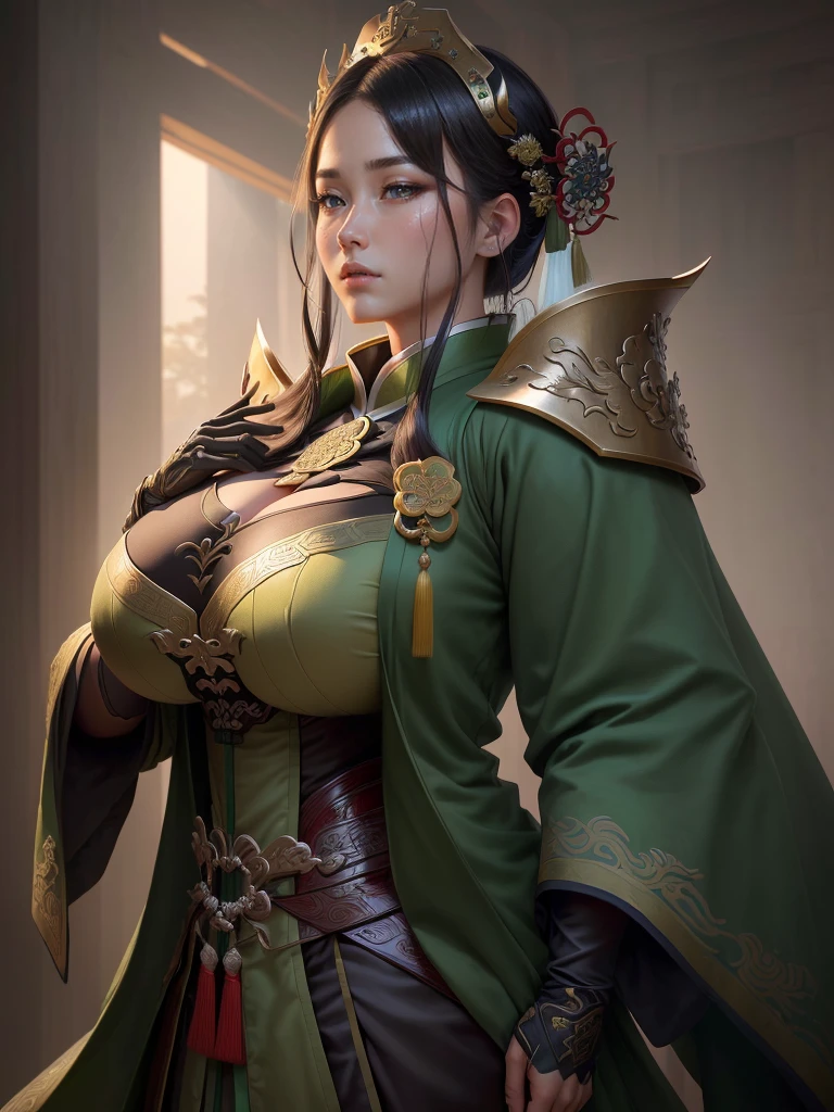 a close up of a man in a green robe, inspired by Dong Yuan, zhao yun, inspired by Cao Zhibai, inspired by Guan Daosheng, inspired by Hu Zaobin, inspired by Huang Shen, inspired by Zhang Sengyao, inspired by Huang Ding, inspired by Wu Bin, inspired by Li Kan, guan yu, Highly detailed CG unit 8k wallpaper, masterpiece, High resolution, highest quality, highest quality real texture skin, Super Real, Digital Painting, Best image quality, 最High resolution, 8k, ((Highly detailed eyes and face, Beautiful eyes every detail)), profile, disproportionate breasts, huge breasts, sagging breasts, gigantic breasts, erect nipple