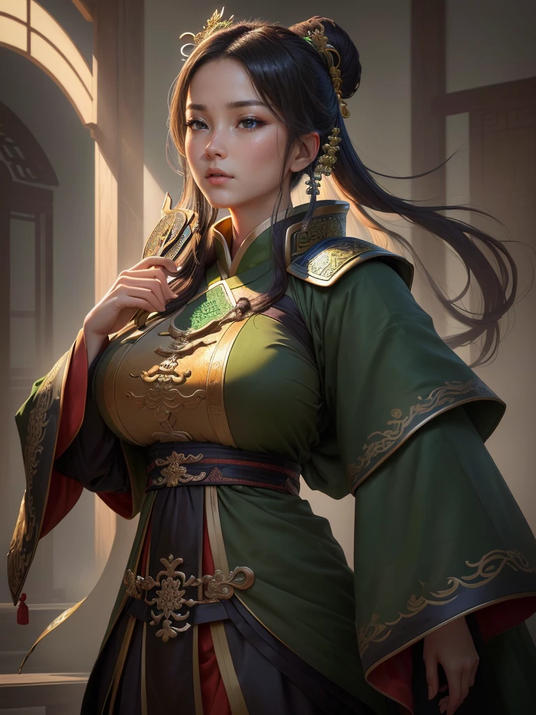 a close up of a man in a green robe, inspired by Dong Yuan, zhao yun, inspired by Cao Zhibai, inspired by Guan Daosheng, inspired by Hu Zaobin, inspired by Huang Shen, inspired by Zhang Sengyao, inspired by Huang Ding, inspired by Wu Bin, inspired by Li Kan, guan yu, Highly detailed CG unit 8k wallpaper, masterpiece, High resolution, highest quality, highest quality real texture skin, Super Real, Digital Painting, Best image quality, 最High resolution, 8k, ((Highly detailed eyes and face, Beautiful eyes every detail)), profile, disproportionate breasts, huge breasts, sagging breasts, gigantic breasts, erect nipple 