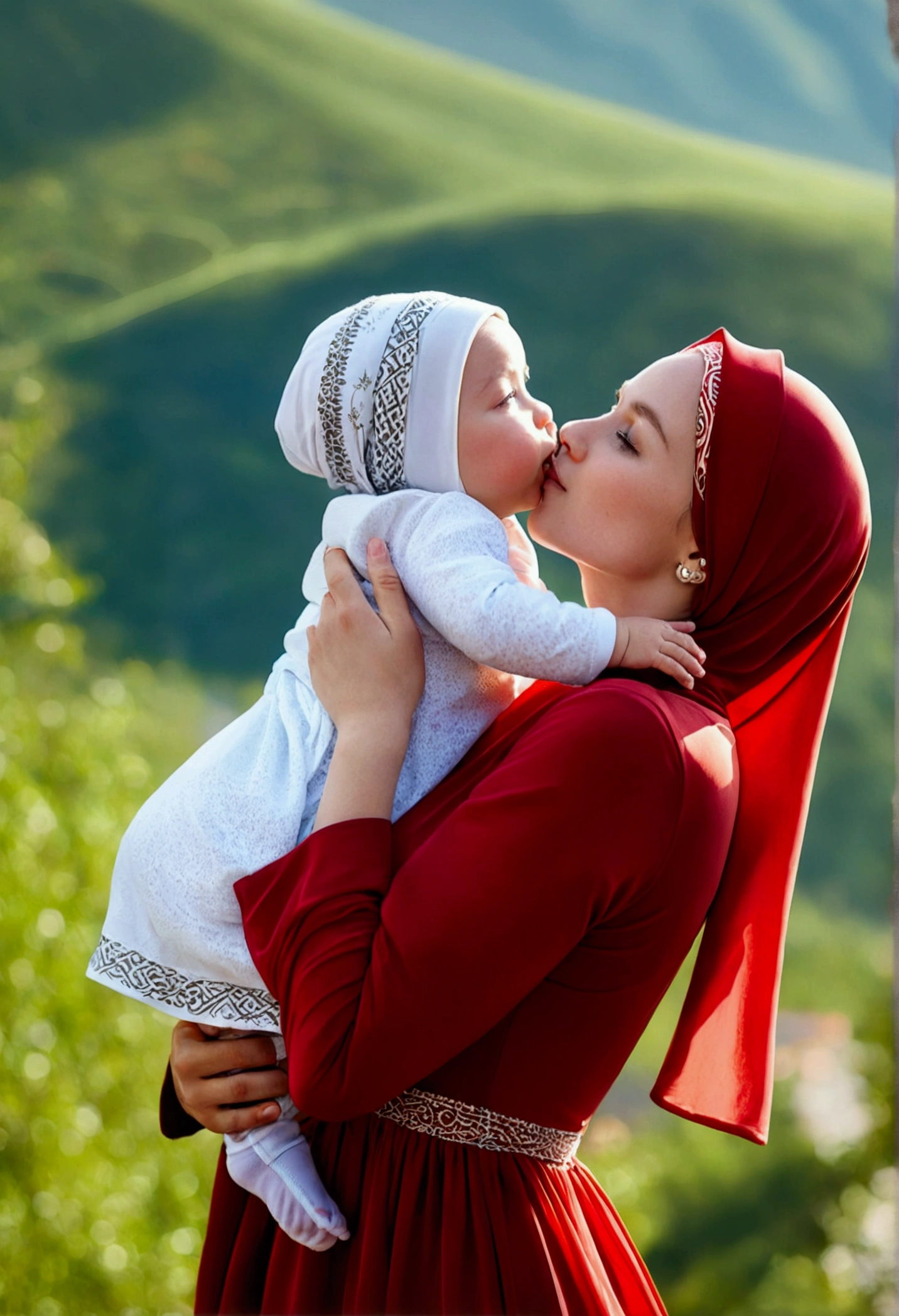 1 woman, Beautiful, with Russian Baby, green eyes, Face, 20 Years Old, White Skin, Hijab Muslim Outfit, islamic long red long sleeve dress, red dress, Top of The Mountain Background, ((wind:1.3)), Kissing, ((bokeh:1.3)), Carrying Girl, Perfect Body Anatomy, ((adorable:1.1)), ((masterpiece:1.1)), ((bluesky:1.1))