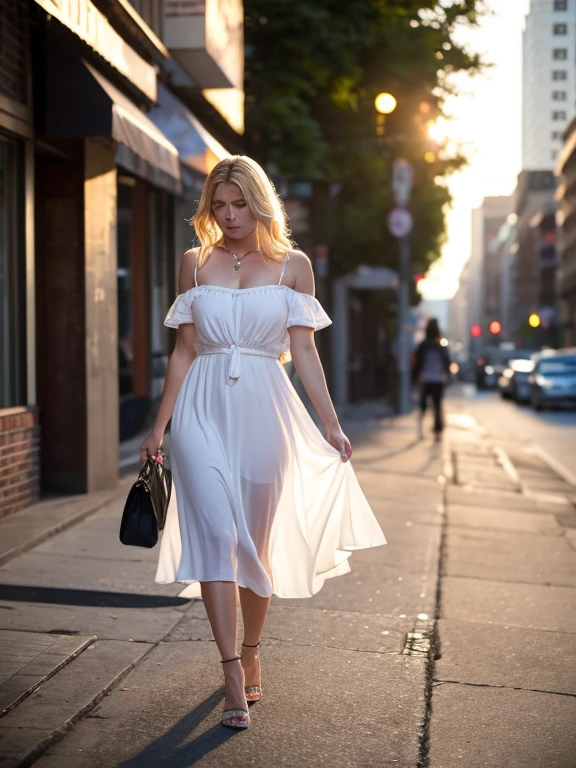 A beautiful blonde MILF walking towards the foreground in the backlight with the rising sun at dawn on a downtown sidewalk Her thin white summer dress is backlit, showing the lines of her body clearly. She has a sad look on her face and tears are about to overflow from her eyes. She is drunk, crying and staggering along, holding her high heels in her hands. Now that she knows her lover has died, where will she go from here?