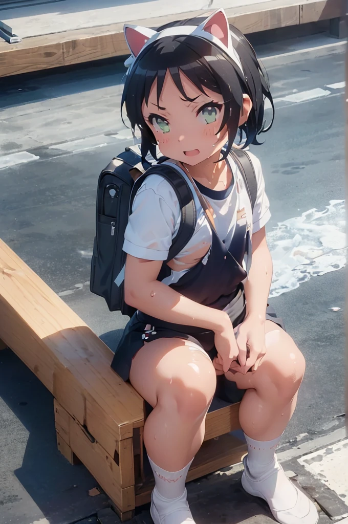 masterpiece, ultra quality, ultra sharp, ultra detailed, 1girl, solo, (((good anatomy))), haduki kurumi, (shiny skin), (tattered torn dripping wet white gym shirt), navy gym pants, animal ears, randoseru, name tag, Japanese anime pose, laugh, BurumaShorts, Buruma, Gym Uniform, (((sitting, squatting, spread_legs, legspread, split_legs, spreading legs)), (randoseru backpack:1.4), (ohogao:1.4), buruma, blue buruma, black buruma, (cameltoe), (tattered torn short sleeve white gym uniform with colored hem), (tiny nipples), (white long loose socks), strong lighting, legspread, bukkake, cum on clothes, cum on legs, cum on buruma, cum on bloomers, (spreading pussy by hands)