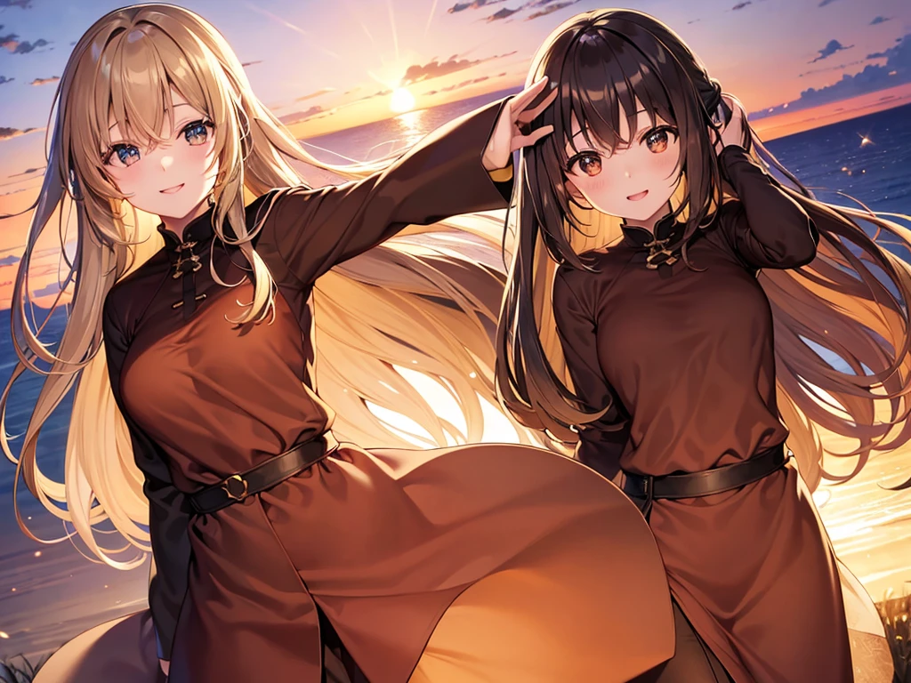 １People Girls、Asuna,STAR, Crown Half Up Hairstyle,Free Pose、Shoulder Off、Gorgeous big 、Captivating smile, Luxurious brown outfit, evening, Sunset sky, sunset