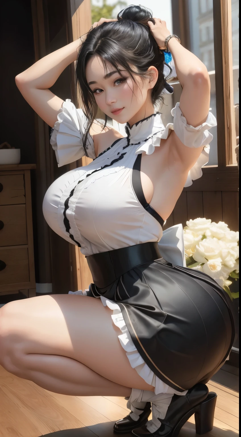 1 female,,Black Hair,Beautiful ponytail hairstyles, (High Waist Skirt:1.3),, (White shirt:1.3), (Double-breasted,Underbust:1.2), Moaning,Sweaty thighs,My crotch is wet,Roll up your skirt,who、blush、whole body、A skirt so short that you can almost see her butt、Sleeveless clothing、In a dark alley、Morning Short Skirt、Sideboob、See-through outfit、Posing that emphasizes her big butt、Clothes with a wide open back、High heels