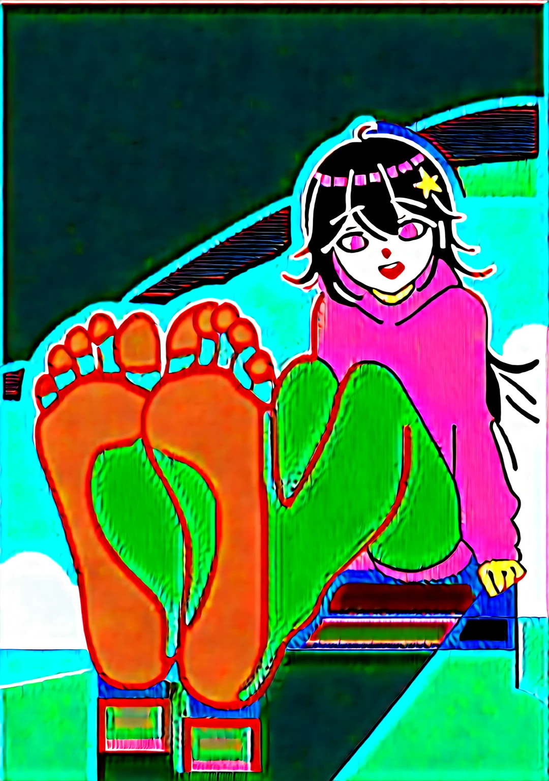 wallpaper,hoodie，The background is in the room， Long hair，best quality, Very detailed, masterpiece, Extremely detailed, illustration, Sky,Foot Focus, giggle， barefoot,Stinky feet,Steam around feet,脚底Sweating很多，There are a lot of water drops on the soles of feet，Water dripping from the soles of feet，Sweating all over，Sweating，Pink Eyes，Sweatshirt，Brown hair,There is a cute five-pointed star hairpin in the hair，Two feet，Each foot can only have five toes，Good feet，Nice looking feet，delicate foot，There is a pair of sneakers on the ground on the right side of the screen，Steam around shoes