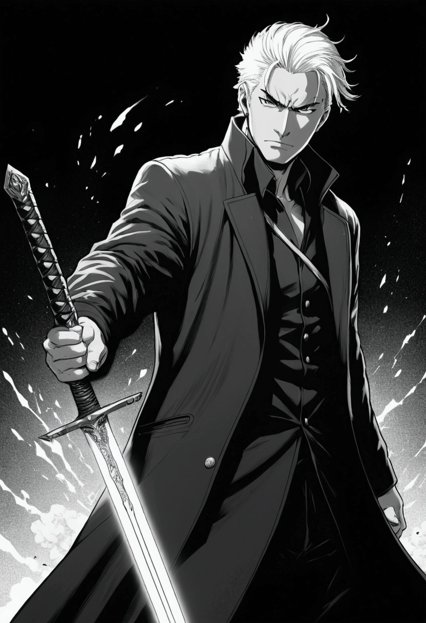 A man, evil, dark coat, white haired, holding sword, explosive self, manga single panel, black and white, no bubble text