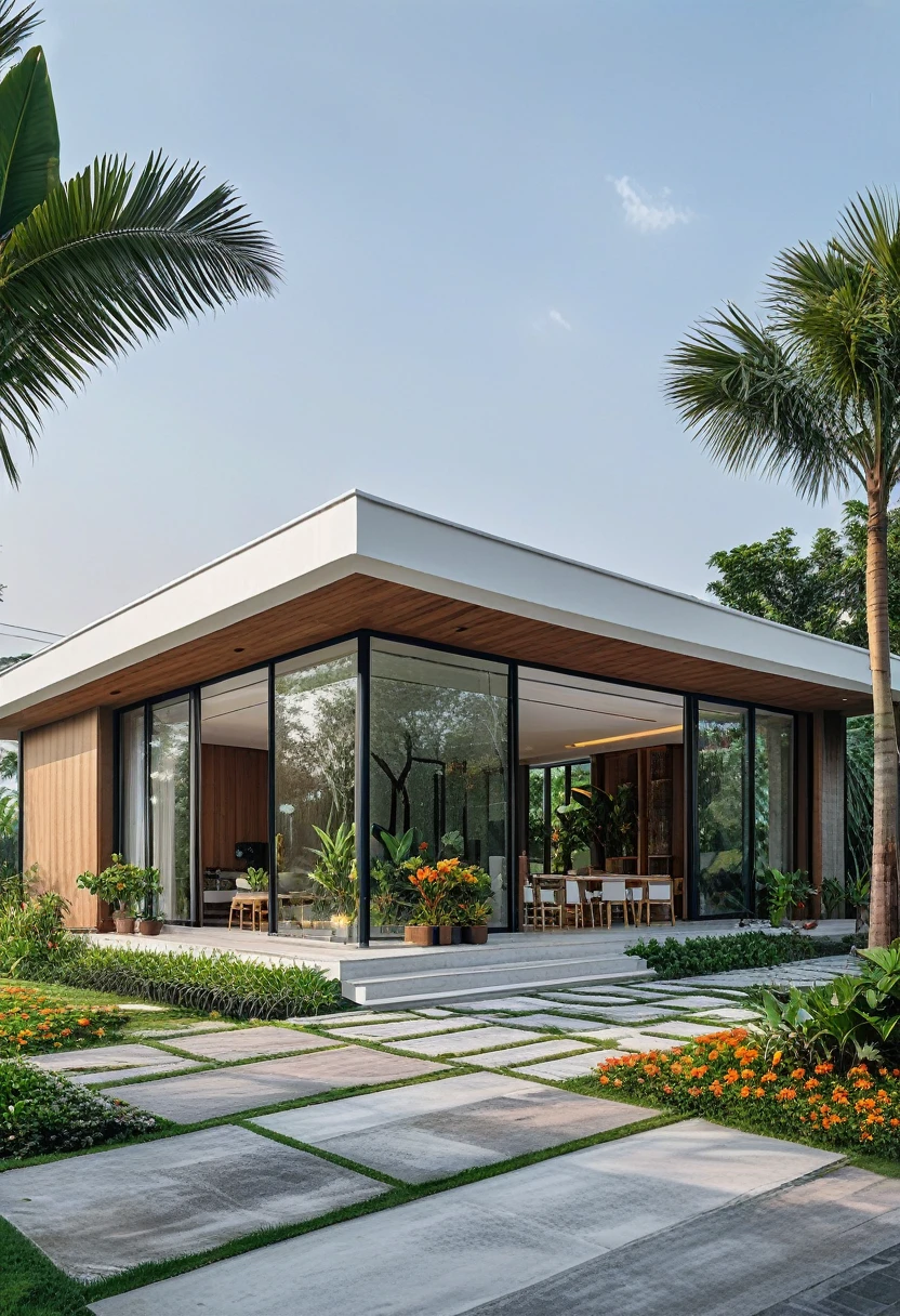 A hyper-realistic , a modern one-story house with a minimalist design, (very small house: 1.2) ,((with a facade less than 4 meters wide:1.2)), white and glass materials, wood, The house has a flat roof, large floor-to-ceiling glass windows, The garden includes various tropical plants and trees. (house as the showroom mini furniture:1.2), front view, elevation view