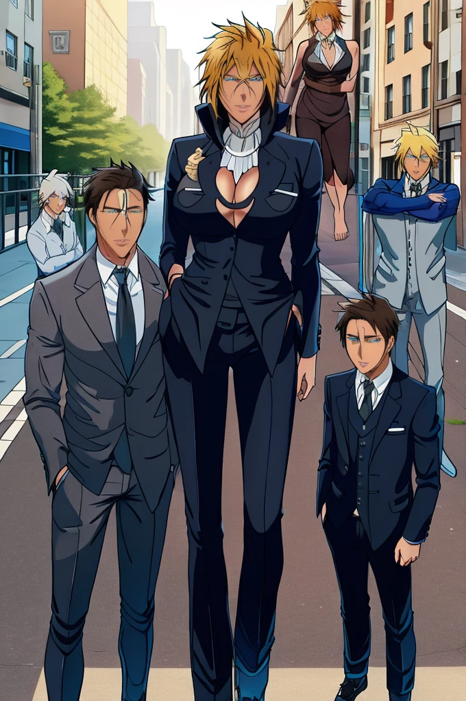 Tall wife in the middle, short husband in the left, short son in the right, beautiful faces, wife is wearing suit and pants, wife has big , wife is showing cleavage, wife is ripped, wife's suit has a belly button cutout, wife has ripped visible abs, make the girls even more taller than the boys, boys are very thin and weak, boys wearing suit and pants, wife is standing barefoot, boys are wearing office shoes