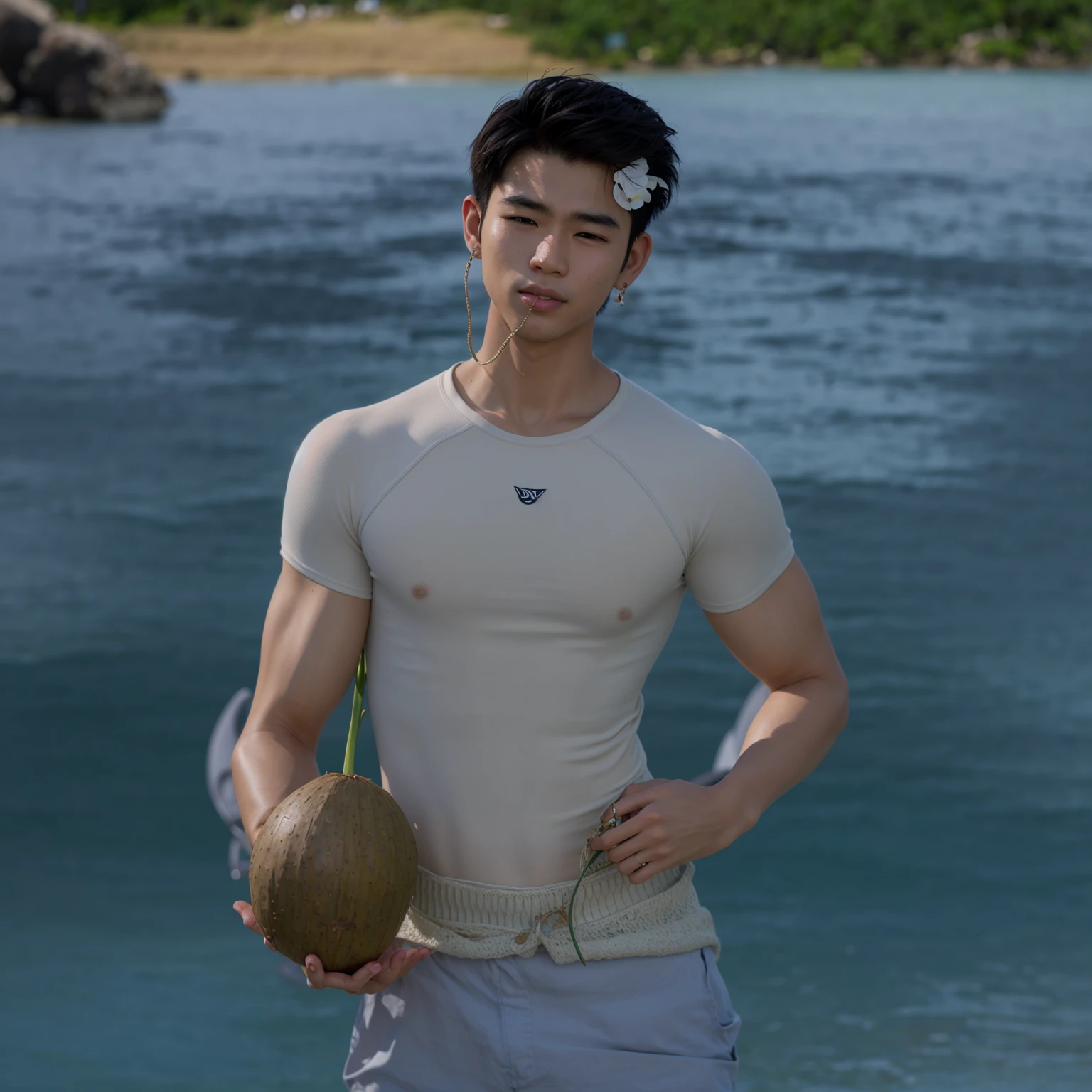 Asian boy, good lighting, smooth, glossy skin, blur background, high quality, 8k resolution, pores, realistic skin, tropical environment, realistic water, holding coconut