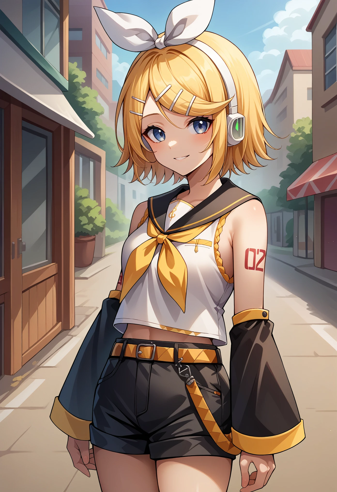 score_9, score_8_up, source_anime, 1girl, solo, KagamineBase, short hair, hairclip, white hairband, hair bow, white headphones, shoulder tattoo, number tattoo, black sailor collar, treble clef, white crop top, sleeveless, yellow neckerchief, detached sleeves, black sleeves, black shorts, yellow belt, standing, outdoors, smile, 