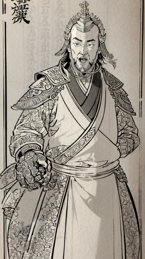 (((Monochrome)))、(((Man with open mouth)))、（（Men in ancient China））、（Ink Painting）、Highest quality、masterpiece、Ultra-high resolution、(Realistic:1.4)、Game Poster、Three bearded men of the kingdom,Oriental、As seen in the Romance of the Three Kingdoms々military commander、Crisp and beautiful image quality ,(((metal armor, metal dragon head on the shoulder, Holding a sword, (Skin of color, ), (metal armor with intricate pattern:1.2)))、 gloves, Long trousers, (Very detailed, bloom:1.5), (Highest quality, Concept Art, 4K), (analog:1.2), (high sharpness), (Detailed pupil:1.1),, Detailed face and eyes, masterpiece, Highest quality, (Very detailed:1.1), 8k, photoRealistic, (PurerosFace_v1:0.2), [:(Detailed face:1.2):0.2], sharp, Realistic, Realistic Shadow, 