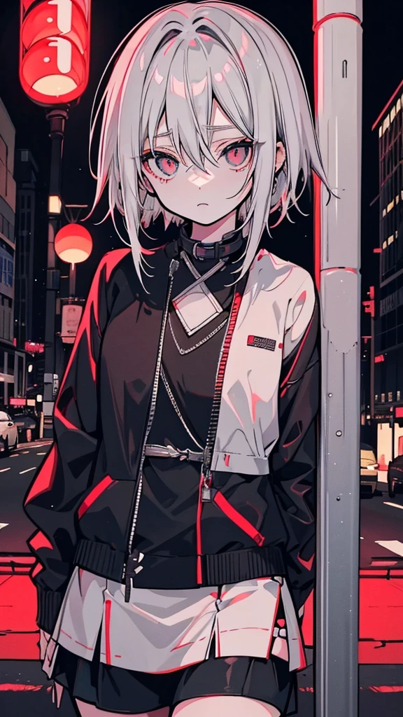 a picture of a women 20 years old short white hair standing in front of a red light, Candid Photography, Gray-haired deity, Gap Moe Yandere grimdark, Gap Moe Yandere, Gray-haired girl, Crushing Despair, Flowing white hair, short Hair Anime Girl, perfect Gray-haired girl