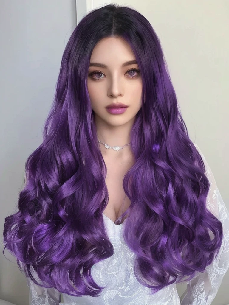 a woman with long purple hair wearing a white dress, long wavy purple hair, long purple hair, violet long hair, long violet hair, purple long hair, long dark purple hair, purple flowing hair, flowing purple hair, deep purple hair, purple color, violet color, dark purple hair, vibrant dark wavy hair, violet hair, purple hue