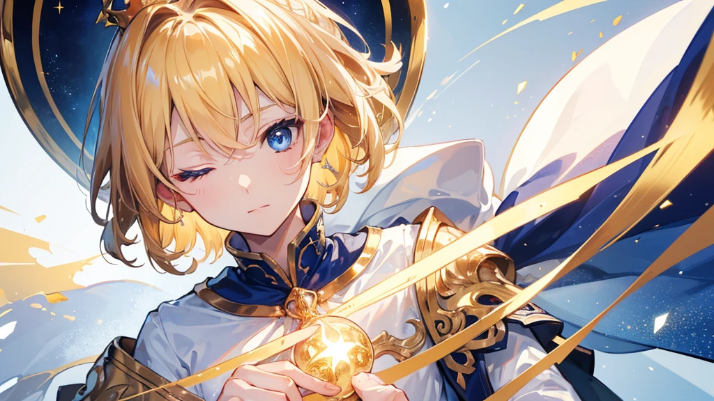 (Highest quality) (4K) (8k) (High resolution) (masterpiece:1.2) (Super detailed) One boy short hair Wizard Blue Eyes Long sleeve Golden decoration Hair between the eyes Closed Mouth White Dress Wavy golden hair Upper Body large crown (White Background) (Cast a spell) front Face close-up
