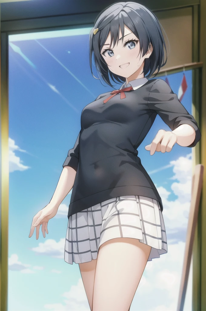 (Highest quality, masterpiece:1.2), One Girl, alone, anime, anime screencap,  Ray Tracing, Global Illumination, ultra hi resolution picture, Bright colors,  Cinematic Light,  Lens flare,  Light on the face, Glowing Eyes,  Written boundary depth, Happy, Detailed Background, cute,  straight, smile, 
 Yuki Setuna，short hair，Sweat from gas，Sweaty，Taki sweat