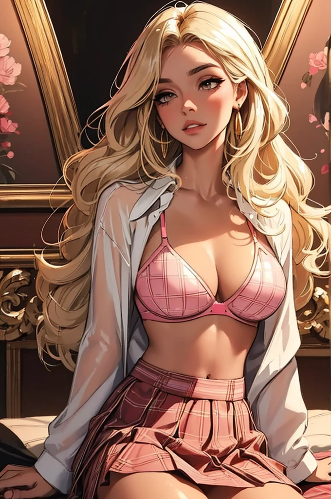 1girl,a beautiful fashion model ,(masterpiece, detailed background, best quality), boho bob, wavy and shiny hair, light blonde hair elegant makeup, dark makeup, earrings, pink eyeshadow, white shirt, red plaid skirt, gold bra and thong, wet skin, feigned shyness, large breasts, shiny breasts, underboob
