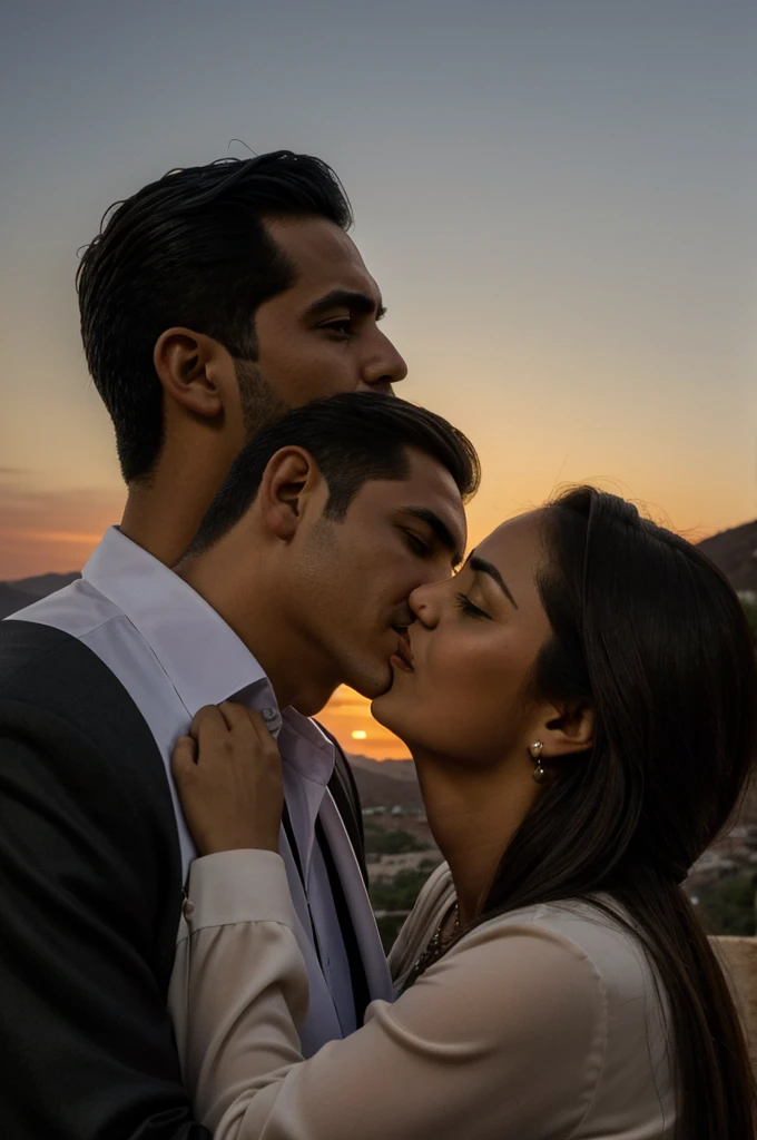 Image of Carlos Herrerías Tello de Meneses kissing Cecilia Rubalcava with the peña de Bernal on a dusk evening