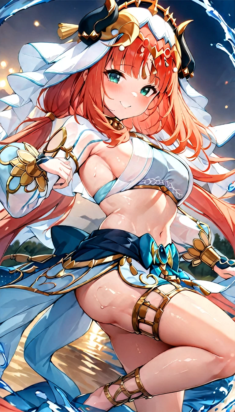 (((best quality)), ((masterpiece)), (details), masterpiece, best quality, high quality, ulutra detailed, perfect face,Shiny Hair、Glowing Skin、blush、nilou、whole body、Dancer、lake、Splash、dance、smile、Sideboob、whole body、nilou,1girl,独奏,horns,Veil,navel,