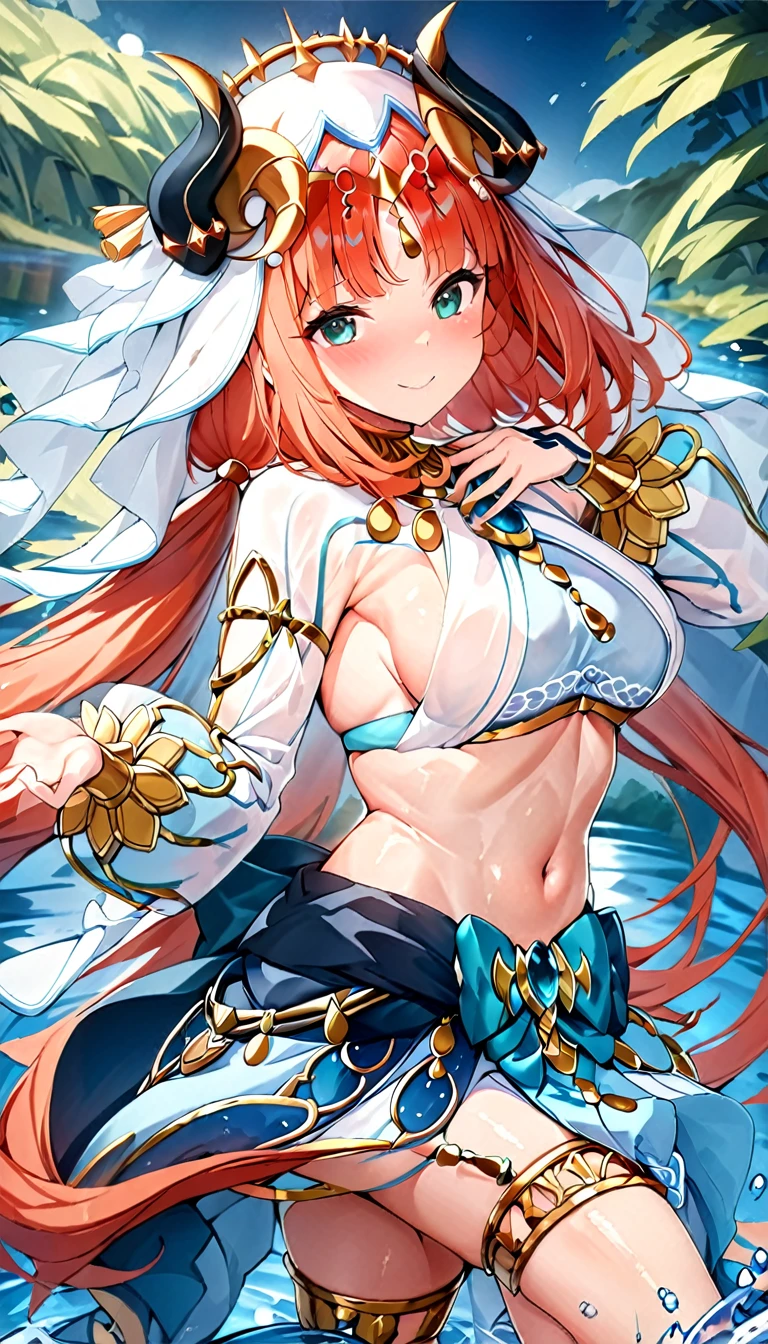 (((best quality)), ((masterpiece)), (details), masterpiece, best quality, high quality, ulutra detailed, perfect face,Shiny Hair、Glowing Skin、blush、nilou、whole body、Dancer、lake、Splash、dance、smile、Sideboob、whole body、nilou,1girl,独奏,horns,Veil,navel,