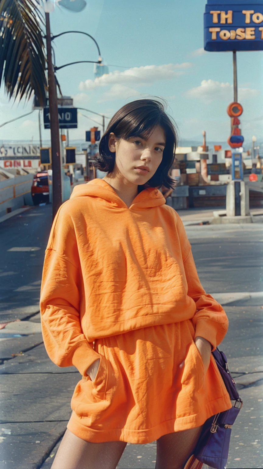 long shot portrait of cute 23 yo girl ,wear ((orange color oversized_hoodie)), wear ((purple tennis skirt)),looking front,Best Quality,Masterpiece,Ultra High Resolution,(Realisticity:1.4),Original Photo, 1Girl, light leak,ultra high resolution,UHD,beautiful, (black bob hair), almond eye, no makeup, in front of (80's abandon gas station), (realistic:1.2), (surreal:1.3), (very detailed:1.1), ((masterpiece)),summer, blue sky, palm trees,sunny, los angles vibes,film camera, 800mm lens,style of Philip Lorca diCorcia