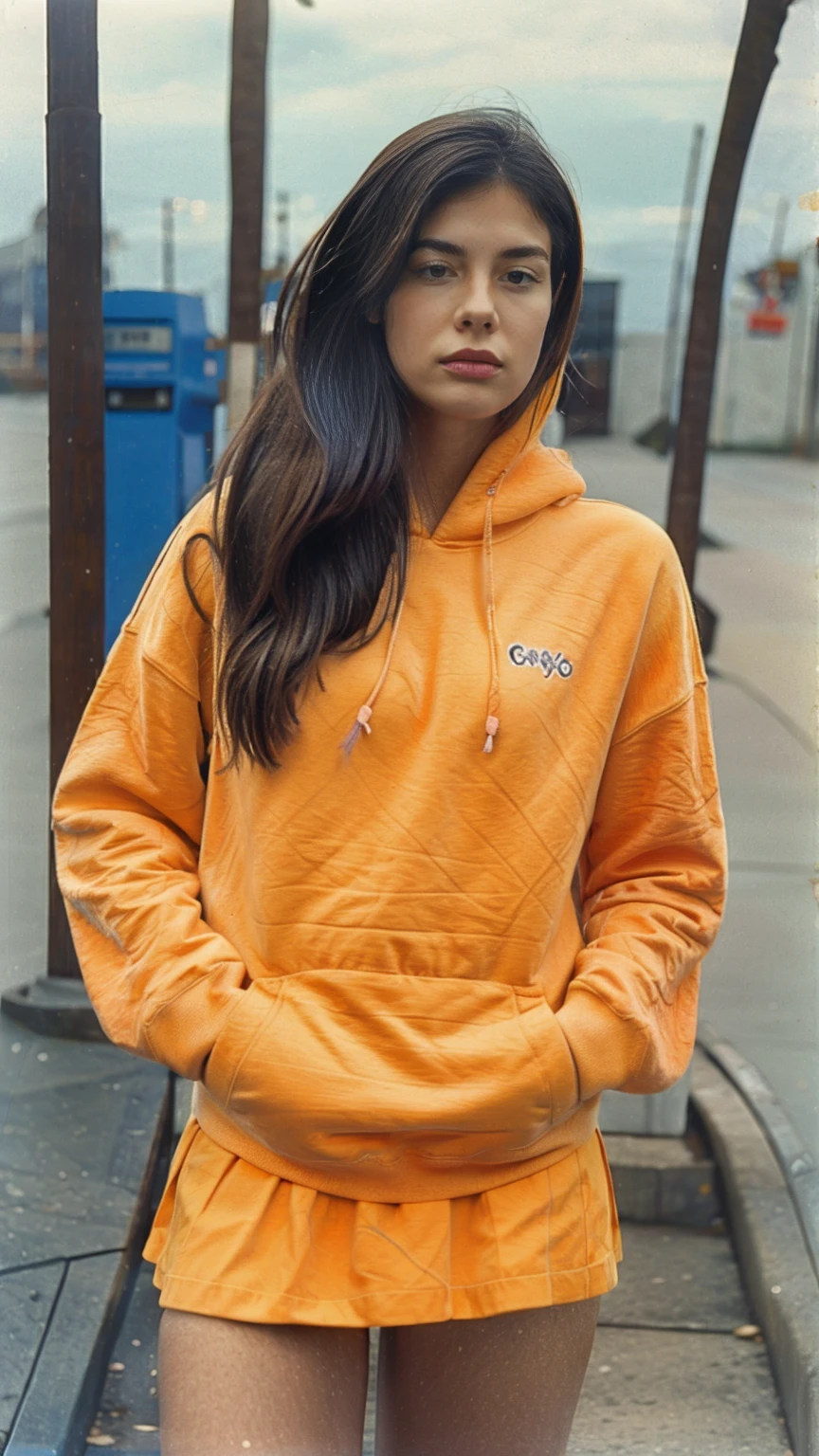 long shot portrait of cute 23 yo girl ,wear ((orange color oversized_hoodie)), wear ((purple tennis skirt)),looking front,Best Quality,Masterpiece,Ultra High Resolution,(Realisticity:1.4),Original Photo, 1Girl, light leak,ultra high resolution,UHD,beautiful, (black bob hair), almond eye, no makeup, in front of (80's abandon gas station), (realistic:1.2), (surreal:1.3), (very detailed:1.1), ((masterpiece)),summer, blue sky, palm trees,sunny, los angles vibes,film camera, 800mm lens,style of Philip Lorca diCorcia