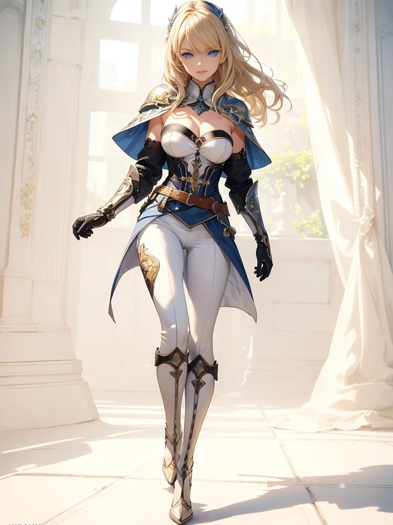 ((1girl, solo)), ((mature female)), full body, standing, cowboy shot, beautiful body, (perfect anatomy, perfect body, perfect hands, perfect legs), nice hands, natural proportions, sexy body, (large breasts:1.3) BREAK
((extremely detailed face)), blue eyes, (beautiful detailed eyes:1.6), (realistic pupils, realistic iris:1), expressive eyes, ((looking at viewer)), (clear eyes:1.3), (hyperrealistic:1.2), (detailed skin texture:1.2), smooth skin, (blonde hair:1.5), bangs, very long hair, high ponytail, (detailed lips:1.2), (attractive lips:1.1), (glossy lips:1.1), smile, perfect face, perfect eyes BREAK
female knight, ((strapless shirt)), (((white shirt))), collarbone, cleavage, ((blue capelet)), (elbow gloves), (((white pants))), (skin tight:1.5), (belt), ((blue tailcoat)), knee-high boots, high heels, thigh gap BREAK
Outdoors, day, city, trees, sky, fantasy setting BREAK
(masterpiece:1.5), anime-style, top quality, best quality, (beautiful and aesthetic:1.2), (ultra detail:1.5), Ultra-detailed depiction, Ultra-precise depiction, extremely detailed 8k illustration, high resolution, (highly detailed shading:1.2), (realistic lighting:1.4), perfect lighting, vibrant colors, dynamic tones, striking hues, 8k, absurd resolution, perfect shadows, hdr, UHD, ambient lighting, realistic, ultra-realistic, photo realistic, highly detailed, rich detail, luminous colors, fine texture, intricate design, professional illustration, (soft light:1.2), (illustration:0.7)